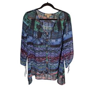 Nine West Vintage America 3/4 Sleeves V-Neckline, Blue  Boho Tunic Top Women's M
